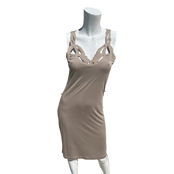Hussein Chalayan Dress sz 40 US Small Laser Cut Taupe Jersey Euro Bodycon - Picture 1 of 5